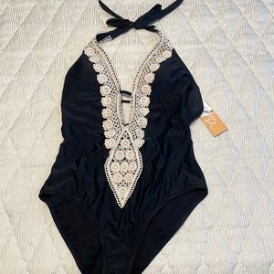 Kona Sol Med black and cream lace plunge one piece swimsuit